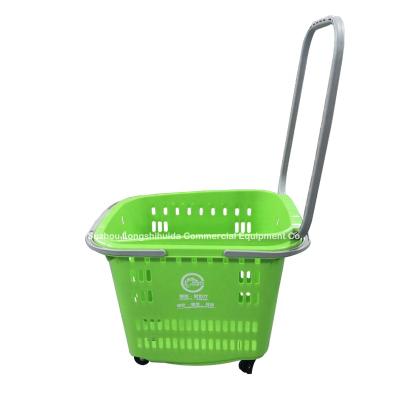 China Supermarket Durable Handle Plastic Rolling Shopping Basket With Wheels for sale