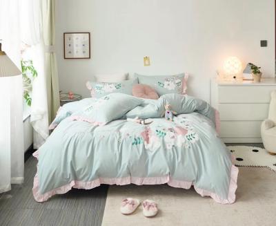 China Beautiful Flower Rabbit Bedding Cotton Quilt PORTABLE Pastoral Style Embroidered Sheer Protective Sheet Four Piece Set for sale