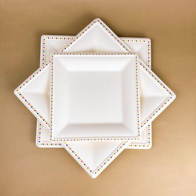 China Wholesale Compostable White Elegant Disposable Degradable Tableware Disc Printed Lace Bagasse For Pulping Compostable Dishes For Wedding for sale