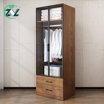 China Large Capacity Wooden 2 Door Glass Wardrobe Clothes Storage Locker With Steel Hanger Clothes Cabinet for sale