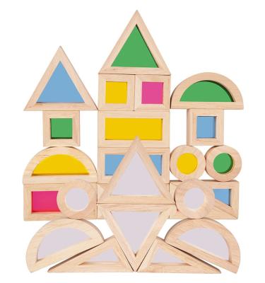 China Eco-friendly Material Kindergarten Geometry Educational Colorful Studying Rainbow Mirrored Wooden Blocks Stacker Stacking Game Construction Building Toys for sale