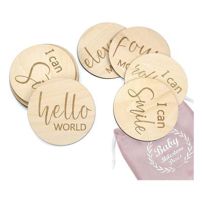 China Gift Baby Milestone Cards Wooden Monthly Cards Double Sided Engraved Photo Prop Discs, Gift Sets For Baby Shower And Newborn Set for sale