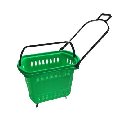 China Eco - Friendly Custom Colorful Pharmacy Super Market Plastic Rolling Shopping Basket With Wheels for sale