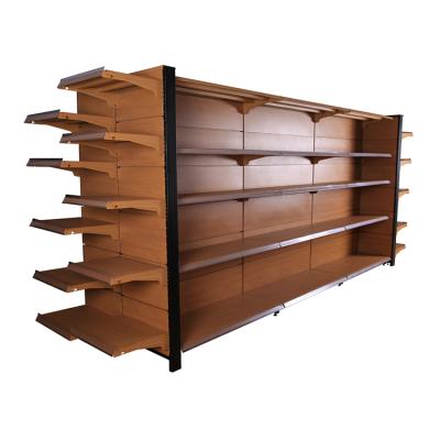 China Retail Wooden Shelving Store Shelf Display Gondola Rack Supermarket Single Side Vouchers Prices for sale