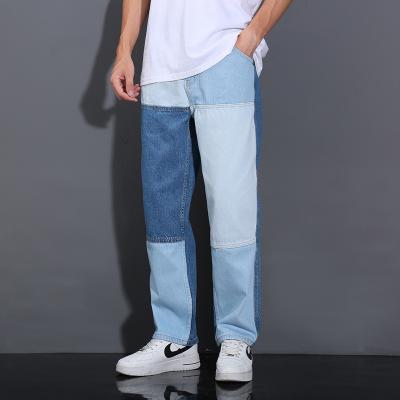 China Color Block Fade Proof Straight Jeans Men Fashion Straight Loose Patchwork Color Block Hip Hop Casual Wide Leg Jeans for sale