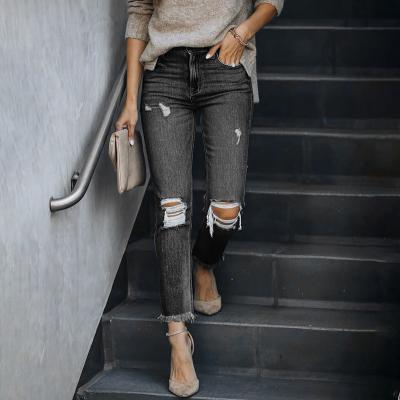 China Color Fade Proof 2022 Female Skinny Tight Ripped Jeans Women Mid Elastic Waist Tassel Jeans for sale