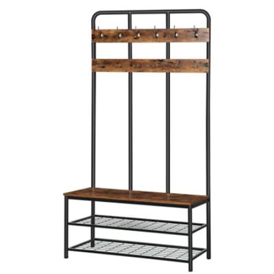 China Modern Simple Style Entryway Wooden Coat Rack Standing with 2 Tier Shoe Bench and Coat Rack with 12 Hooks for sale