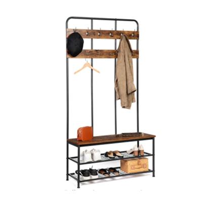 China Convertible Wooden Entryway Coat Rack Standing With 2 Tier Shoe Bench And Coat Rack With 12 Hooks for sale