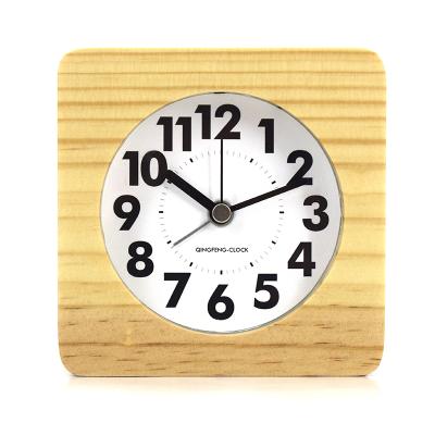 China Minimalist Custom Cube Square Wooden Alarm Clock In Logo Silent Small Size Analog For Office Decoration for sale