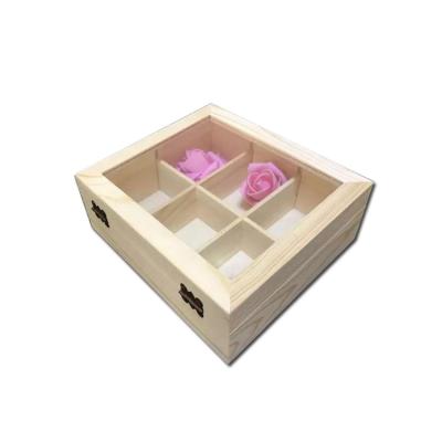 China Handmade Custom Logo 6 Sections Solid Wood Gift Box Storage Box With Glass Lid for sale