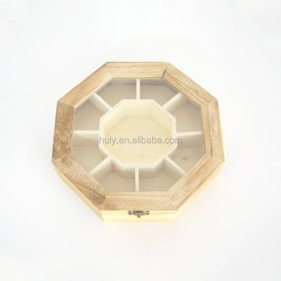 China Handmade Customized Wooden Octagon Dividers Nut Snack Box With Transparent Lid for sale