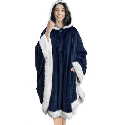 China Wearable Sherpa Warm Soft Fleece Plush Wrap Hooded Covering Blanket With Hood Pockets Cape for sale