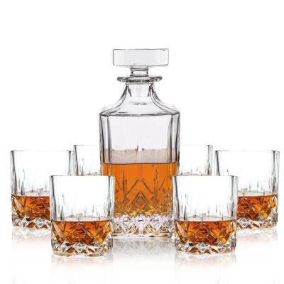 China STOCK Novelty Stylish 7-Piece Crafted Glass Decanter and Whiskey Glasses Set with Ornate Stopper and 6 Exquisite Cocktail Glasses for sale