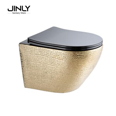 China Double-flow Gold Color Small Size Ceramic Rimless Wall Hung Toilet Bathroom Toilet Seat Gold Design for sale