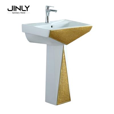 China Easy clean mosaic applique ceramic pedestal washbasin with colorful flowers and gold washbasin for sale