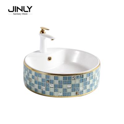 China Modern Luxury Colorful Handmade Mosaic Design Round Ceramic Wash Art Basin for sale