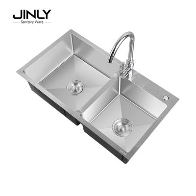 China Without Kitchen Sink Faucet 2021 Polished Double Bowl Kitchen Sink 304 Stainless Steel Handmade Kitchen Sink for sale