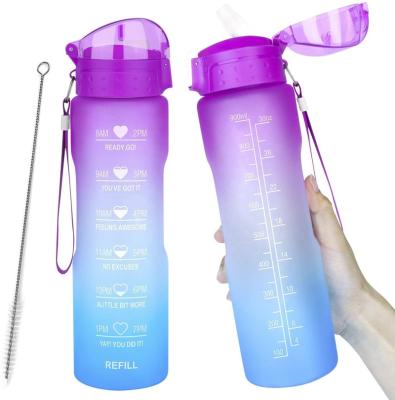 China Sustainable Plastic Water Bottle With Motivational Time Lettering 32oz Portable Custom Design Tritan Plastic Sport Water Bottle With Straw for sale