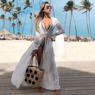 China 2021 Breathable Crochet Breathable White Knitted Beach Cover Ups Robe Tunic Pareos Bikinis Long Cover Ups Swim Cover Up Robe Beach Beach Wear for sale