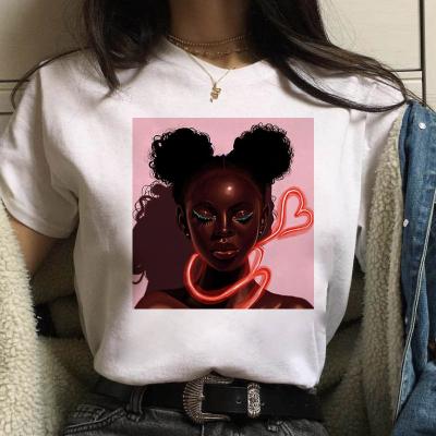 China New Super Viable African Curly Short Sleeve Print T-shirt Cartoon Black Girl Fire Student Tops for sale