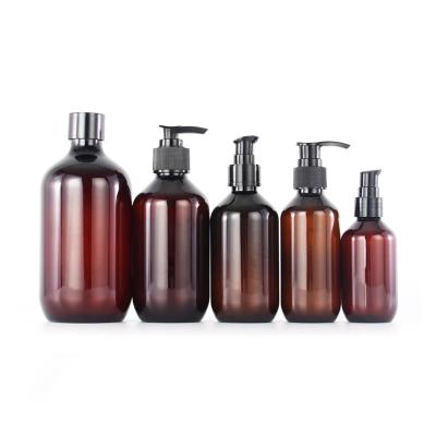 China 100ml 150ml 200ml 280ml 500ml Recyclable Empty Plastic PET Amber Lotion Pump Bottle for sale