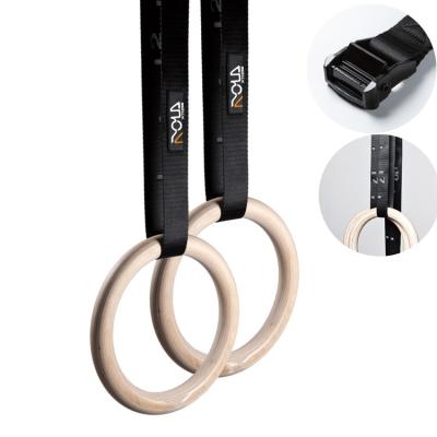 China Strength Training Strength Forming 38mm Width Jacquard Number Tie Up Wooden Gymnastic Rings for sale