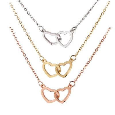 China Europe and America mirror stainless steel double love border hot-selling necklace, heart-shaped double loop rings pendant necklace chain 48cm for sale