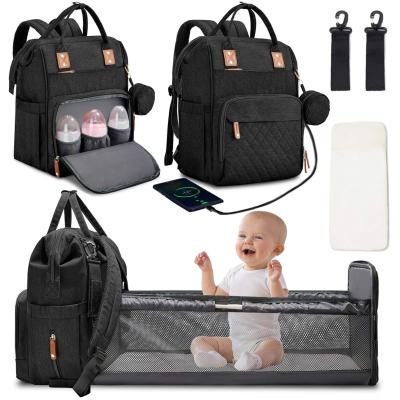 China With USB Diaper Bag Backpack With Changing Waterproof Station Baby Portable Bag Crib Bed Backpack Foldable Travel for sale