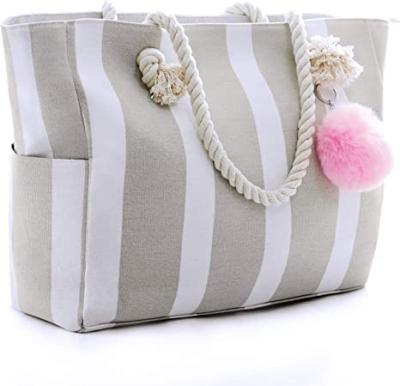 China Large high quality canvas shoulder bag - beach tote with cotton rope handles and cute pom pom and oversized bags for the beach for sale