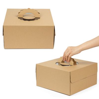 China Wholesale Disposable Kraft Paperboard 10*10*5 Inch Food Grade Disposable Baked Cake Box With Carry Handles for sale