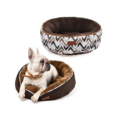 China Sustainable Pet Supplies Brown Style Ethnic Classic Canvas Fabric Soft Warm Dog Cat Round Bed for sale