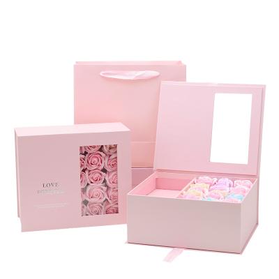 China Custom Large Paper Box PVC Window Flower Packaging Handmade Custom Pink Gift Box Beautiful With Bag for sale