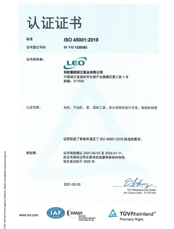 ISO 45001 - Leo Group Pump (Zhejiang) Co., Ltd.