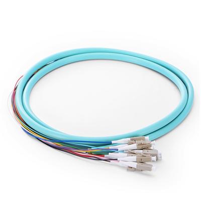 China FTTX LC UPC 12 fibers om3 om4 0.9mm multimode fiber optic pigtail LC/UPC color coded pigtail for sale