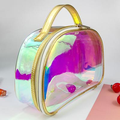 China New Durable Rainbow Holographic Magic Organizer Large Travel Transparent Bulk Cosmetic Bag With Waterproof Handle Bling Makeup Case for sale