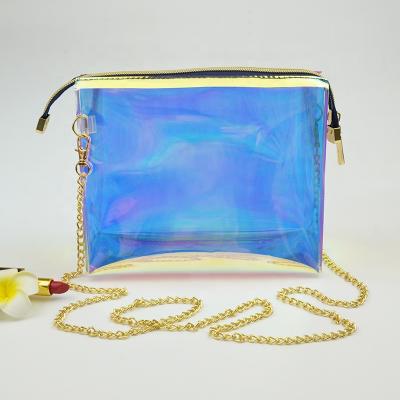 China Fashion Customized Logo Iridescent Makeup Bags Clear Waterproof Eco-friendly TPU Laser Cosmetic Bag for sale