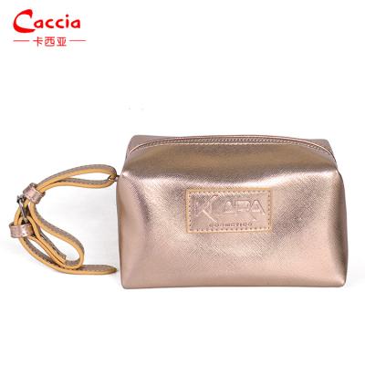 China Lady Fashion Rose Gold PVC Makeup Bag Metal Zipper Customized Printing Cosmetic Pouch Logo For Women With Hand Strap for sale