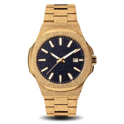 China Koshi Logo Low Moq Frosted Gold Bling Automatic Custom Dial Star Date Stainless Steel Customize Watches For Men for sale