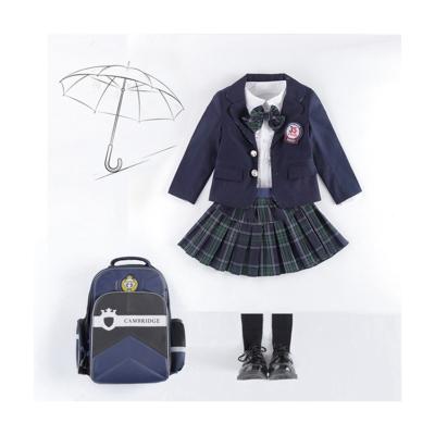 China Kindergarten Polyester Spandex Unisex School Good Elasticity Uniform Sets Shirt With Plaid Skirt for sale