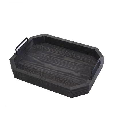 China Handmade Customized Rustic Wooden Vintage Tray Breakfast Dish With Black Metal Handle for sale