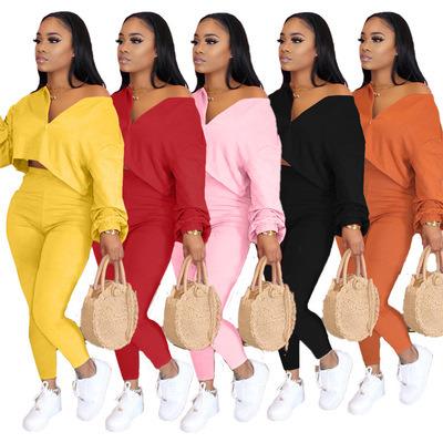 China Wholesale Autumn 2021 Solid Color Breathable Plus Size V-neck Long Sleeve 2 Piece Set Women for sale