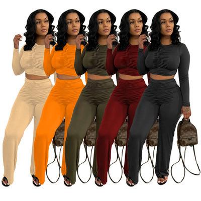 China Breathable 2021 Wholesale Women Clothes Ruched Solid Color Crop 2 Piece Long Sleeve Set Women Loungewear Sets for sale