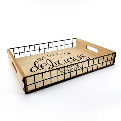 China Newest Fashion Cake Cafe Food Serving Wooden Tray With Iron Handle 34*24*5cm for sale