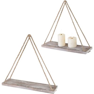 China 2 Piece Set Wall Shelf Hang Rope Swing Hanging Storage Swing Type Wooden Floating Shelf Frame for sale