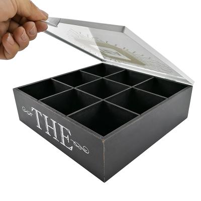 China Sustainable Hot Sale 9 Partitions Wooden Box With Iron And Lid Glass Gift Storage Tea Box for sale