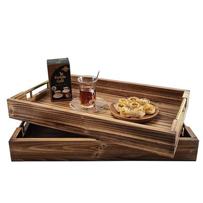 China Rustic Wood Serving Tray Decorative Vintage Wooden Trays Home Hotel Restaurant With Metal Handles Natural Wood Trays for sale