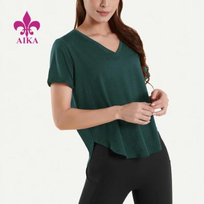 China Custom Wholesale Anti-Wrinkle Loose Fit Tops For Women 2021 Simple V-neck Cotton T-shirt for sale