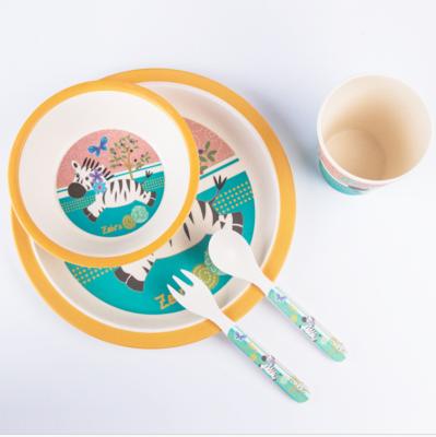 China 5Pcs/Set Minimalist Animal World Shaped Fiber Kids Food Dish Bamboo Kids Tableware Gift Sets With Dish, Bowl, Cup, Fork for sale