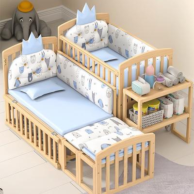 China Modern Newborn Bb Bed Multifunctional Log Movable And Changeable Children's Bed Quilting Queen Bed Solid Wood Crib for sale