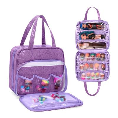 China Baby Toy Doll Tote Carrying Case Hanging Organizer Storage Bag with 6 Clear Window Pockets Showcase for Dolls for sale